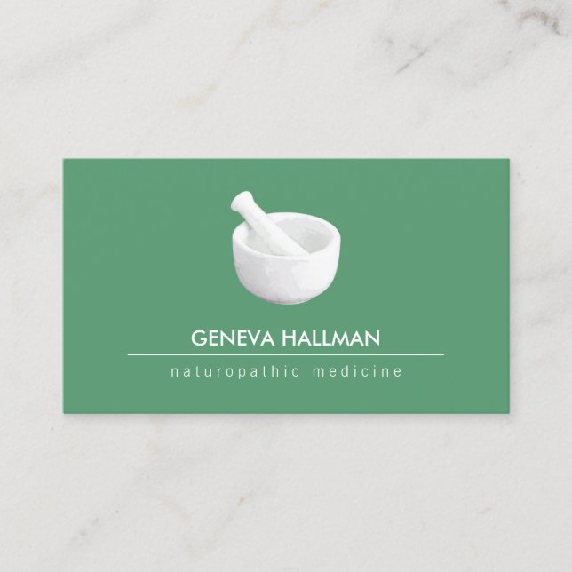Natural Health, Healer Mortar and Pestle on Green Business Card (Front)