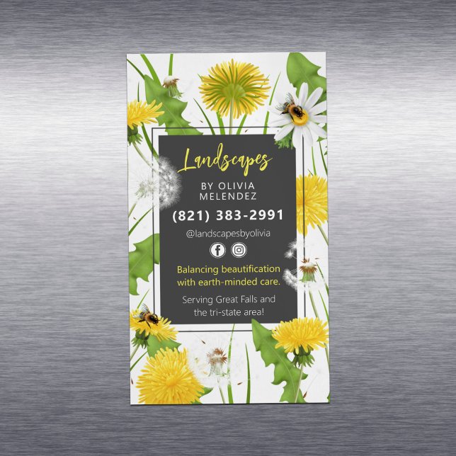  Natural Lawn Care Service Promo Dandelion & Bees Magnetic Business Card (Creator Uploaded)
