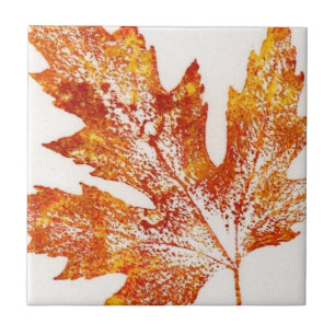 Natural leaf print of fall maple in oranges Yellow Tile