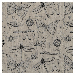 Natural Linen Elegant Insects Illustration Pattern Fabric