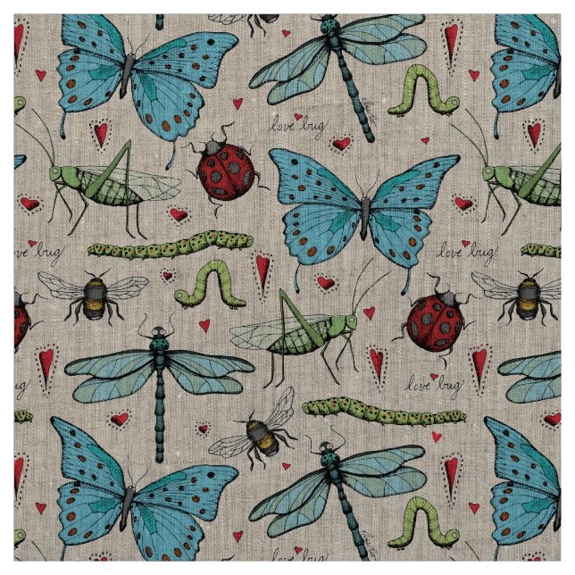 Natural Linen Love Bug Insect Illustration Pattern Fabric (Swatch)