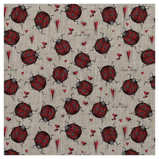Natural Linen LoveBug Ladybug Illustration Pattern Fabric (Swatch)