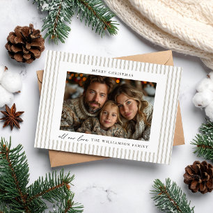 Natural Linen Stripe Modern Photo Christmas Card