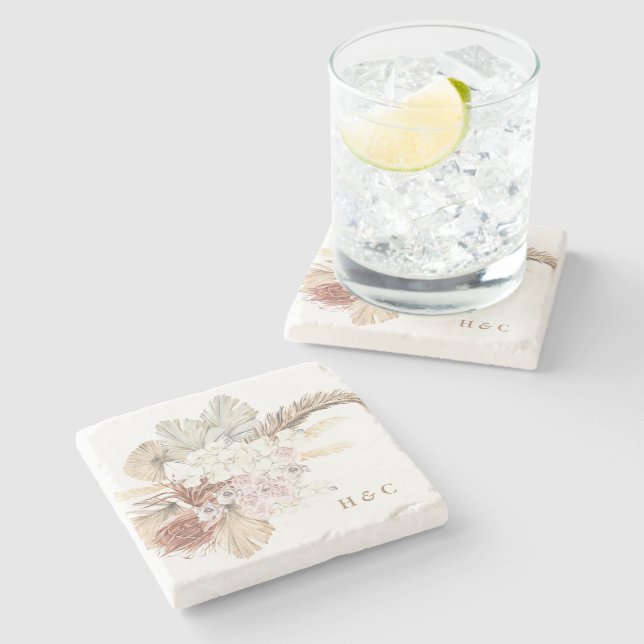 Natural Marble Pampas Dried Grass Floral Wedding Stone Coaster (Side)
