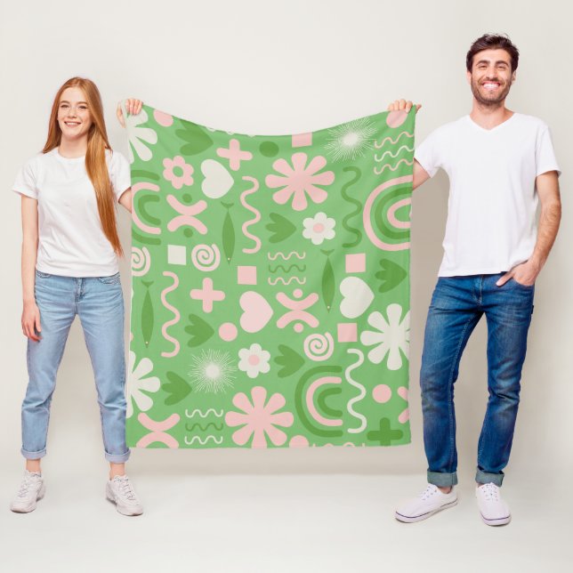 Natural Miscellany Pattern Lime Green and Pink Fleece Blanket (In Situ)