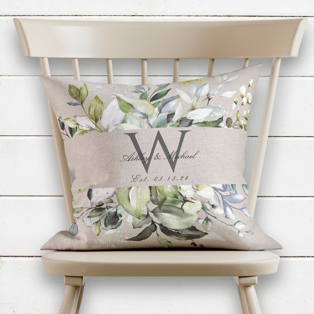 Natural Neutral Greenery Monogram Wedding Keepsake Cushion (Creator Uploaded)