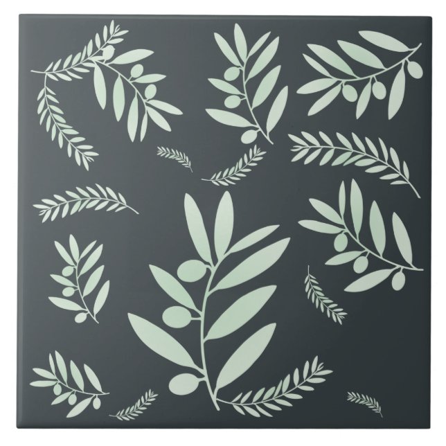 Natural Olive Branch Ceramic Tile | Mediterranean  (Front)