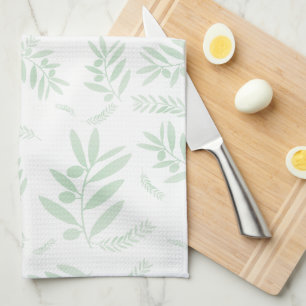 Natural olive branch pattern tea towel