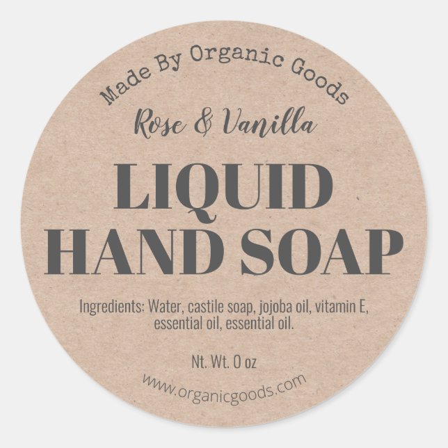 Natural Organic Kraft Liquid Hand Soap Labels (Front)