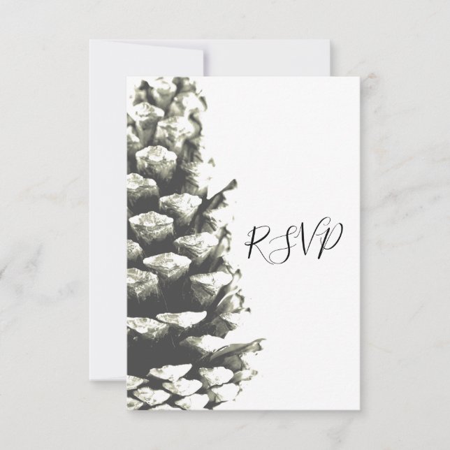 Natural Pine Cone on White Woodland Wedding RSVP Card (Front)