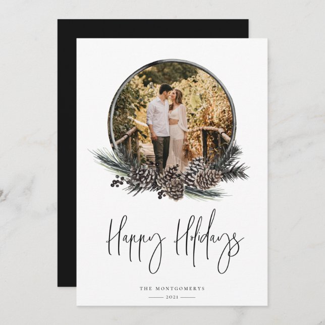 Natural Pine Wreath Photo Holiday Card (Front/Back)