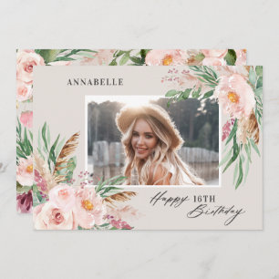Natural Pink girly modern floral photo birthday Invitation