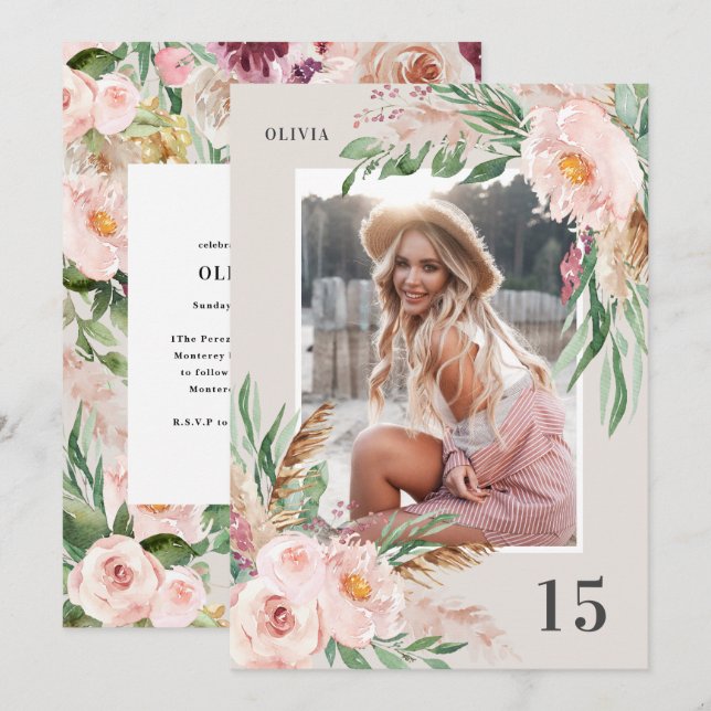Natural Pink girly modern floral photo birthday Invitation (Front/Back)