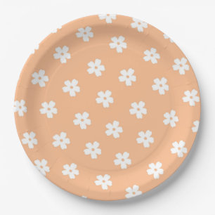 Natural Preppy Peach White Hippie Flower Pattern  Paper Plate
