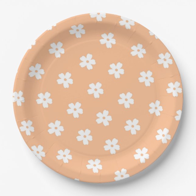 Natural Preppy Peach White Hippie Flower Pattern  Paper Plate (Front)