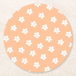 Natural Preppy Peach White Hippie Flower Pattern  Round Paper Coaster