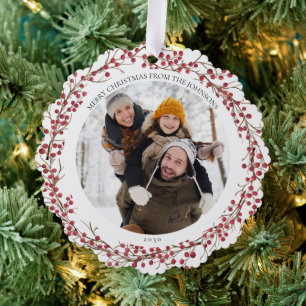 Natural Red Berry Merry Christmas Photo Wreath Tree Decoration Card