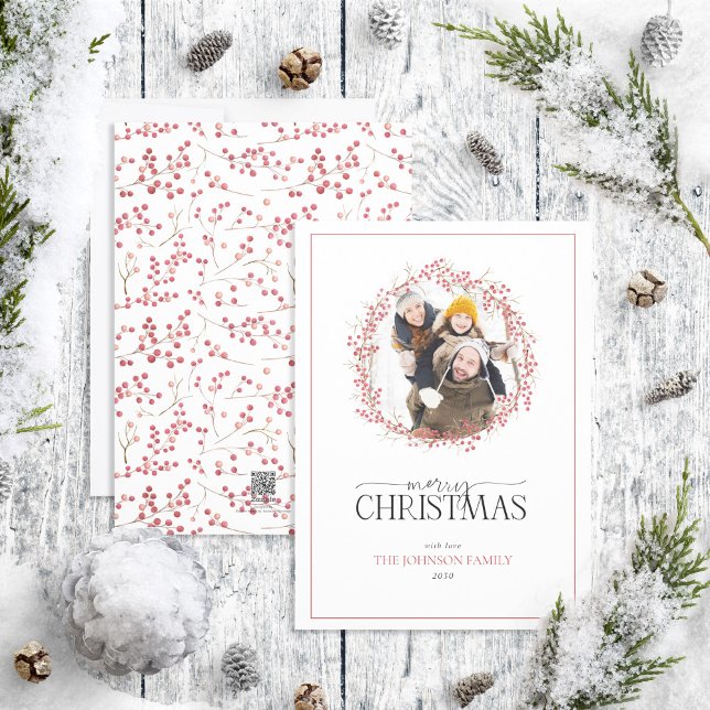 Natural Red Berry Wreath Merry Christmas Photo Hol Holiday Card (Creator Uploaded)
