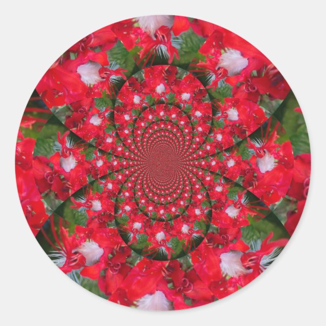 Natural Red Flower White Feather kaleidoscope art  Classic Round Sticker (Front)