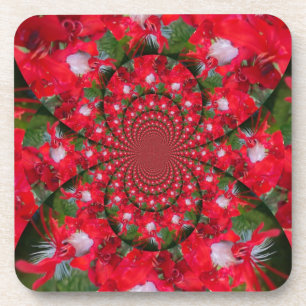 Natural Red Flower White Feather Kaleidoscope Art Coaster