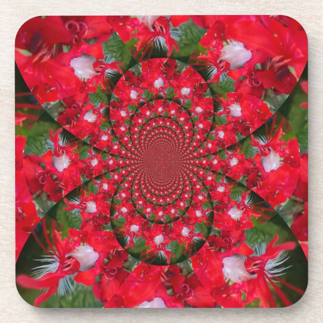 Natural Red Flower White Feather Kaleidoscope Art Coaster (Front)