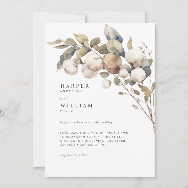 natural rustic cotton & eucalyptus wedding invitation (Front)