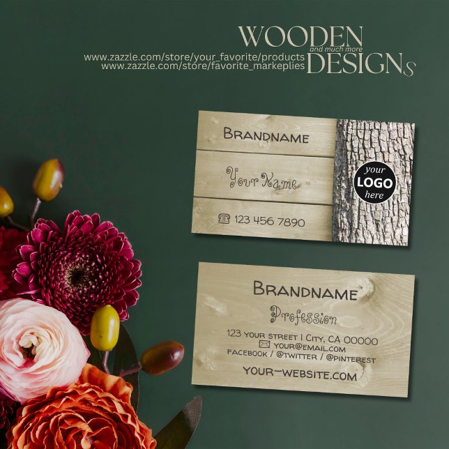 Natural Rustic Wooden Boards Tree Bark Grain Logo Business Card (Creator Uploaded)