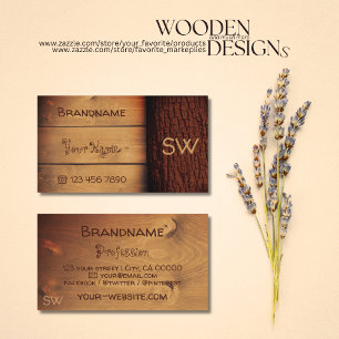 Natural Rustic Wooden Boards Tree Bark Monogram Business Card