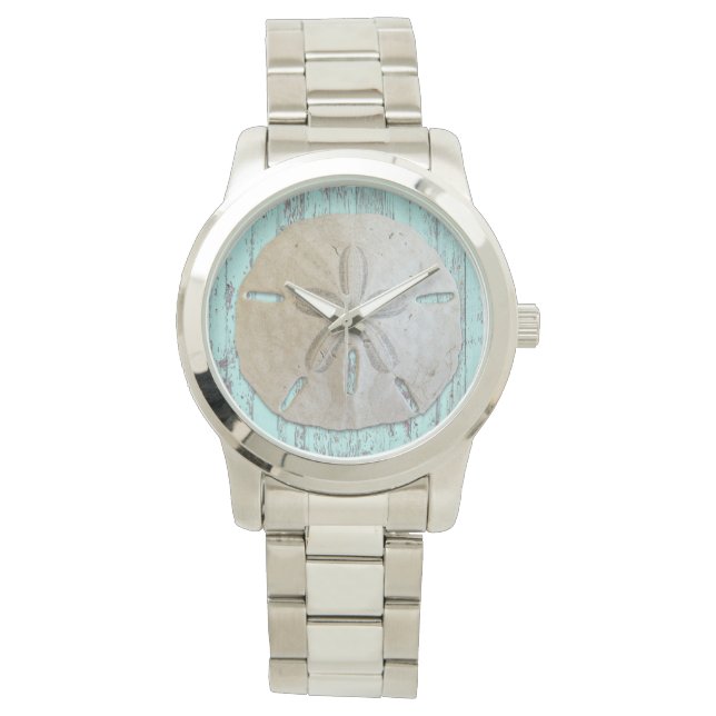 Natural Sand Dollar Blue Beach Wood Rustic Watch (Front)