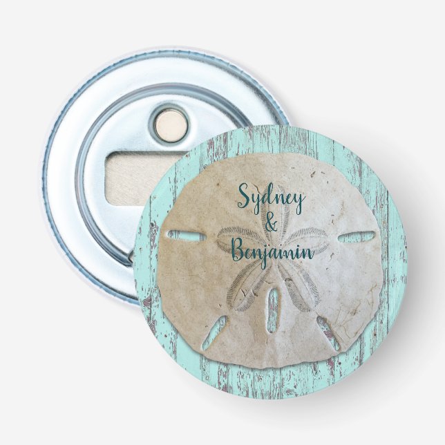 Natural Sand Dollar Rustic Beach Wood Favour Bottle Opener (Front)