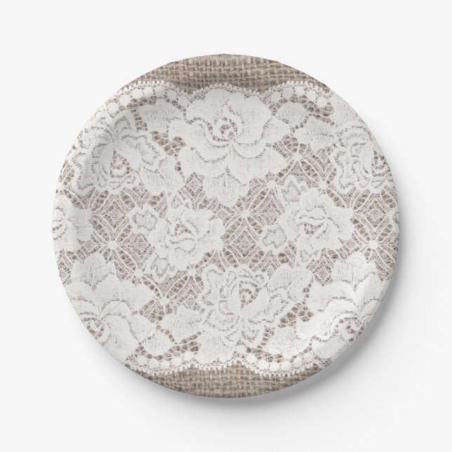 Natural Shabby Chic Burlap and Lace Paper Plate (Front)