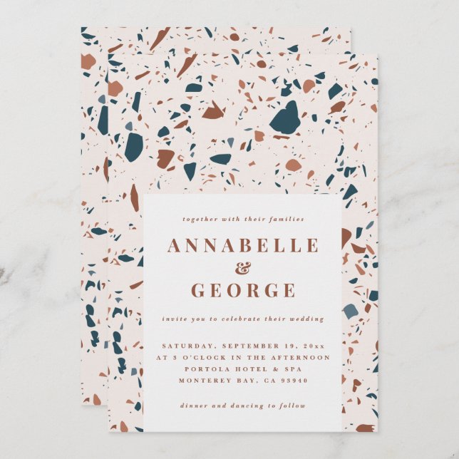 Natural terrazzo typography modern wedding announc announcement (Front/Back)