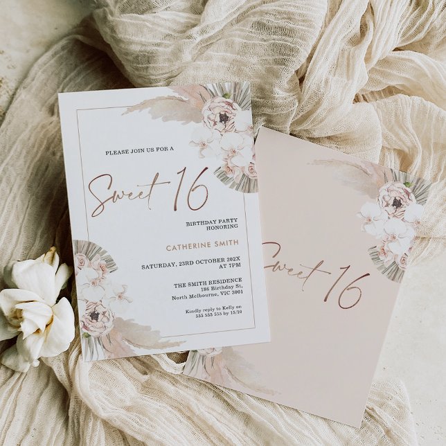 Natural Tones Boho Pampas Grass Sweet 16 Birthday Invitation (Creator Uploaded)
