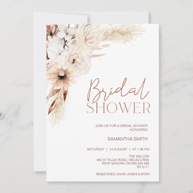 Natural Tones Floral Pampas Grass Bridal Shower Invitation (Front)
