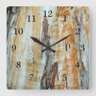 Natural tree bark colourful orange and grey square wall clock