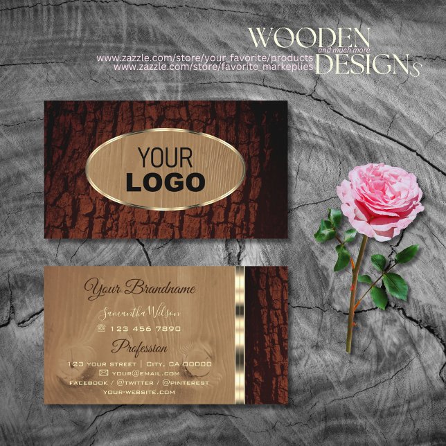 Natural Tree Bark Wood Grain Oval Gold Border Logo Business Card (Creator Uploaded)