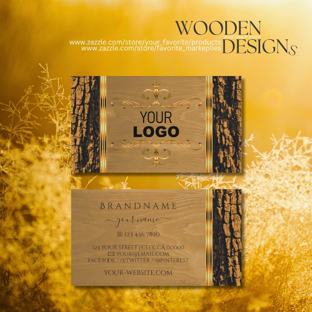 Natural Tree Bark Wood Grain Shimmery Border Logo Business Card (Creator Uploaded)