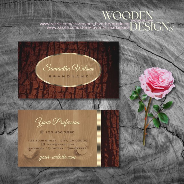Natural Tree Bark Wood Grain with Oval Gold Border Business Card (Creator Uploaded)