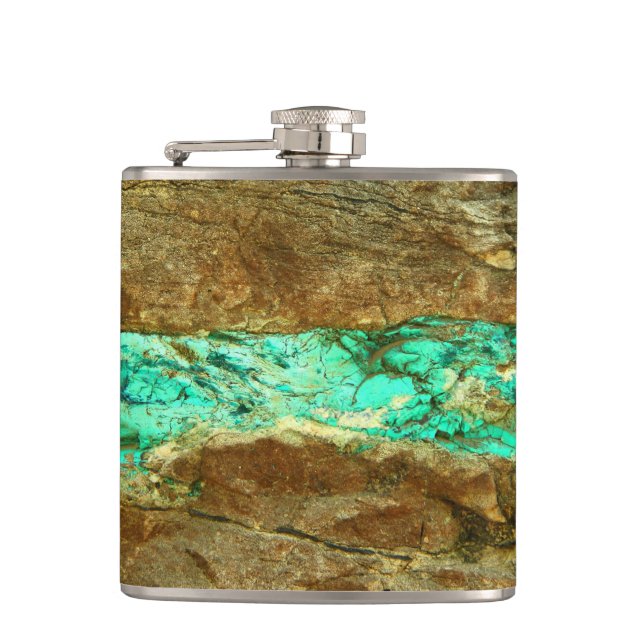 Natural turquoise vein in rough brown stone hip flask (Front)
