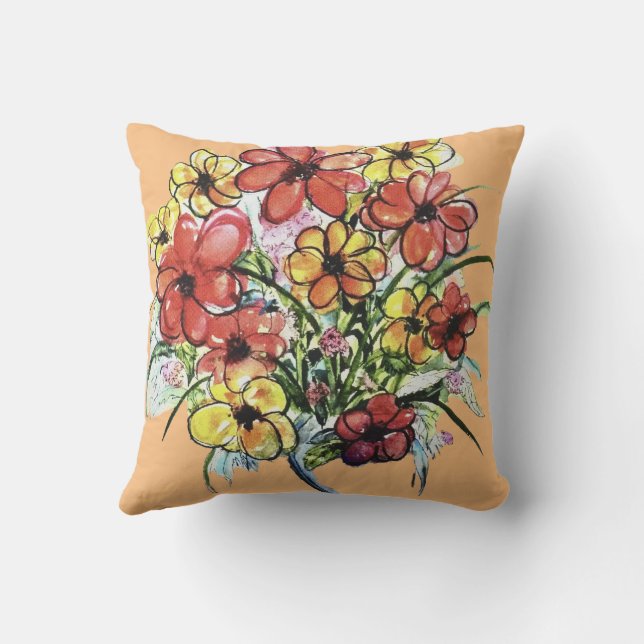 Natural Wildflowers Watercolor Floral Bouquet Cushion (Back)