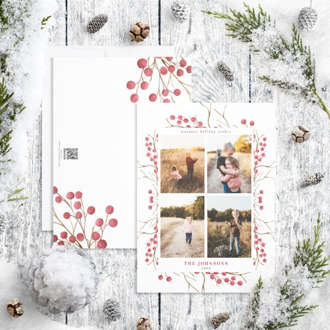 Natural Winter Red Berry 4 Photo Holiday Card (Creator Uploaded)