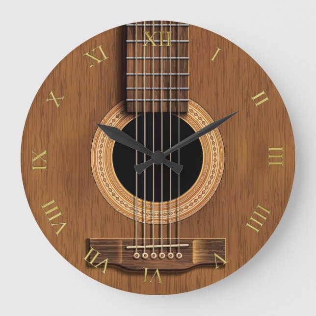 Natural Wood Look Acoustic Guitar Music Large Clock (Front)