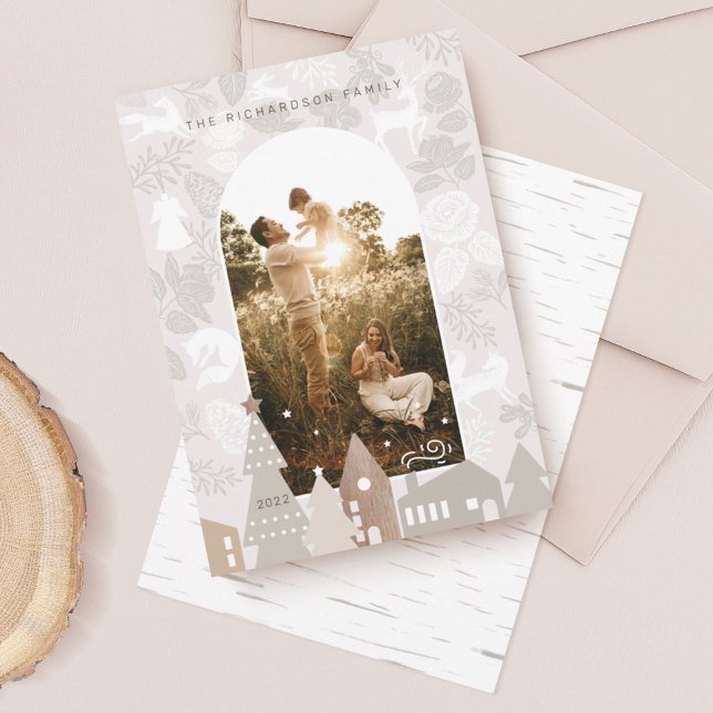 Natural Woodland Animals Cosy Village Arch Photo Holiday Card (Creator Uploaded)