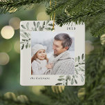 Naturally Joyful | Botanical Personalised Photo Ceramic Ornament<br><div class="desc">This holiday season,  commemorate a special year with this elegant personalised photo Christmas ornament. Graceful sprigs of muted green painted watercolor mistletoe frame your photo,  with your name and the year. Add a second photo to the reverse side.</div>