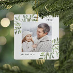 Naturally Joyful | Botanical Personalised Photo Ceramic Ornament<br><div class="desc">This holiday season,  commemorate a special year with this elegant personalised photo Christmas ornament. Graceful sprigs of light green painted watercolor mistletoe frame your photo,  with your name and the year. Add a second photo to the reverse side.</div>
