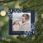 Naturally Joyful | Botanical Personalised Photo Ceramic Ornament<br><div class="desc">This holiday season,  commemorate a special year with this elegant personalised photo Christmas ornament. Graceful sprigs of icy blue painted watercolor mistletoe frame your photo,  with your name and the year. Add a second photo to the reverse side.</div>