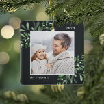 Naturally Joyful | Botanical Personalised Photo Ceramic Ornament<br><div class="desc">This holiday season,  commemorate a special year with this elegant personalised photo Christmas ornament. Graceful sprigs of deep green painted watercolor mistletoe frame your photo,  with your name and the year. Add a second photo to the reverse side.</div>