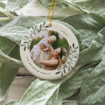 Naturally Joyful | Botanical Personalised Photo Ceramic Tree Decoration<br><div class="desc">This holiday season,  commemorate a special year with this elegant personalised photo Christmas ornament. Graceful sprigs of muted green painted watercolor mistletoe frame your photo,  with your name and the year curving around. Add a second photo to the reverse side.</div>