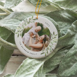 Naturally Joyful | Botanical Personalised Photo Ceramic Tree Decoration<br><div class="desc">This holiday season,  commemorate a special year with this elegant personalised photo Christmas ornament. Graceful sprigs of green painted watercolor mistletoe frame your photo,  with your name and the year curving around. Add a second photo to the reverse side.</div>