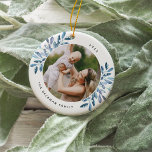 Naturally Joyful | Botanical Personalised Photo Ceramic Tree Decoration<br><div class="desc">This holiday season,  commemorate a special year with this elegant personalised photo Christmas ornament. Graceful sprigs of icy blue painted watercolor mistletoe frame your photo,  with your name and the year curving around. Add a second photo to the reverse side.</div>